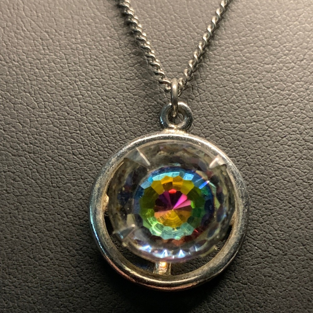 Rainbow Kaleidoscope Crystal Pendant Necklace Silver Tone 18" Sarah Coventry